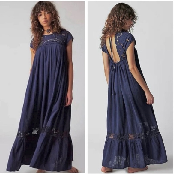 Free People Dresses & Skirts - FREE PEOPLE Cutwork Tee Maxi Dress NEW Size XS Evening Eclipse Midnight Blue